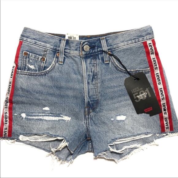 NWT RARE COLLECTORS Levi’s 501 High Rise Logo Striped Denim Shorts - Picture 2 of 6